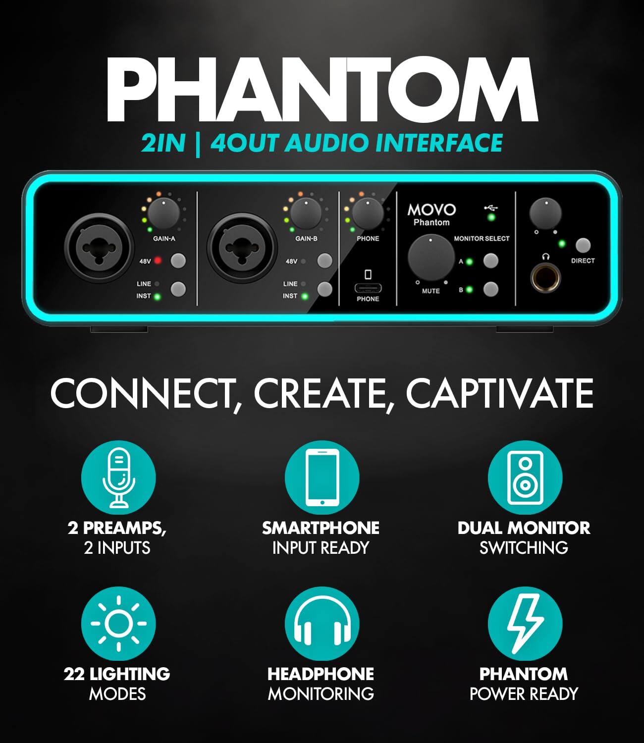 PHANTOM 2IN 4OUT AUDIO INTERFACE

MOVO Phantom

GAIN-A
GAIN-B
PHONE
MONITOR SELECT
48V
48V
A
DIRECT
LINE INST
LINE INST
PHONE
MUTE
B

CONNECT, CREATE, CAPTIVATE

2 PREAMPS, 2 INPUTS
SMARTPHONE INPUT READY
DUAL MONITOR SWITCHING
22 LIGHTING MODES
HEADPHONE MONITORING
PHANTOM POWER READY