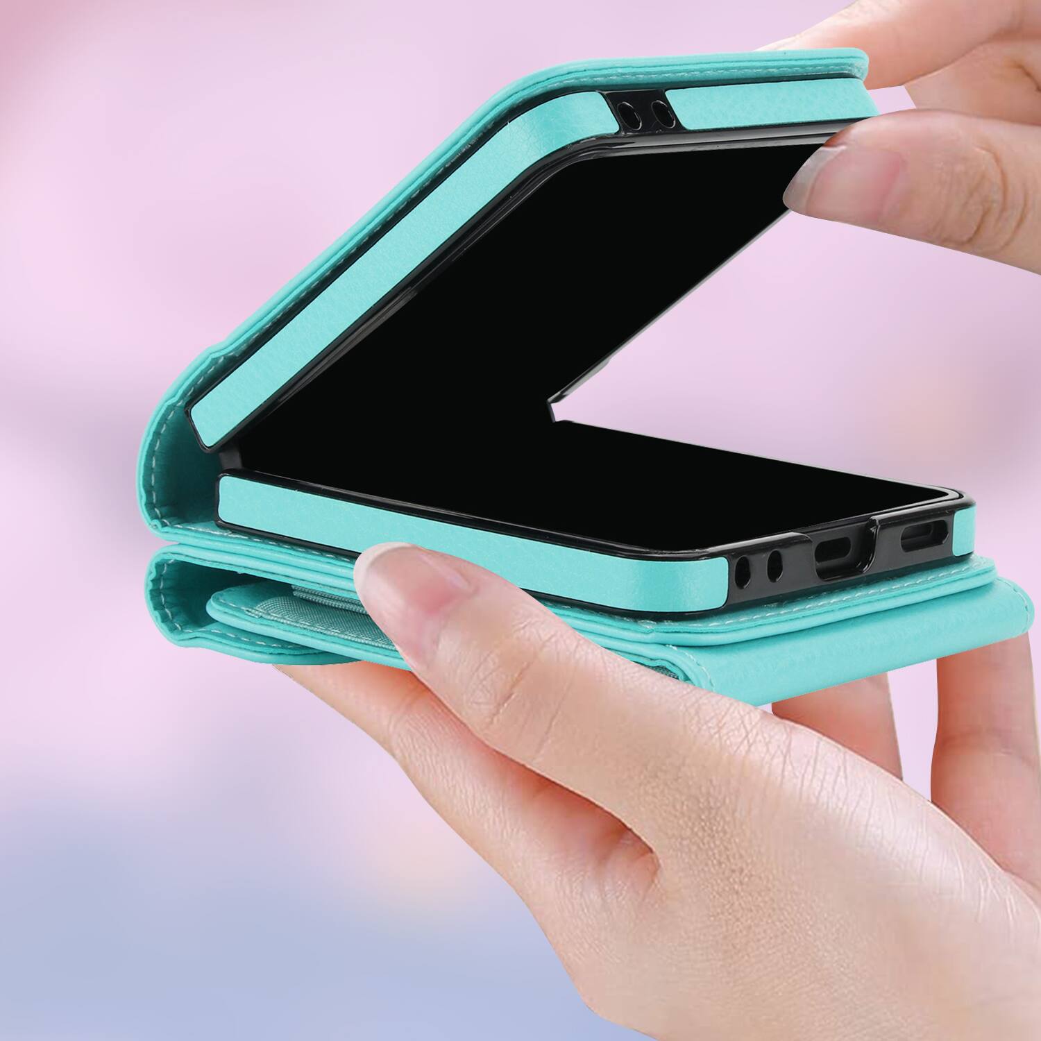 Alt View 4. Dteck - Wallet Case for Samsung Galaxy Z Flip7, Crossbody Ring Stand Faux Leather Cover with RFID Blocking Card Holder+Strap - Green.