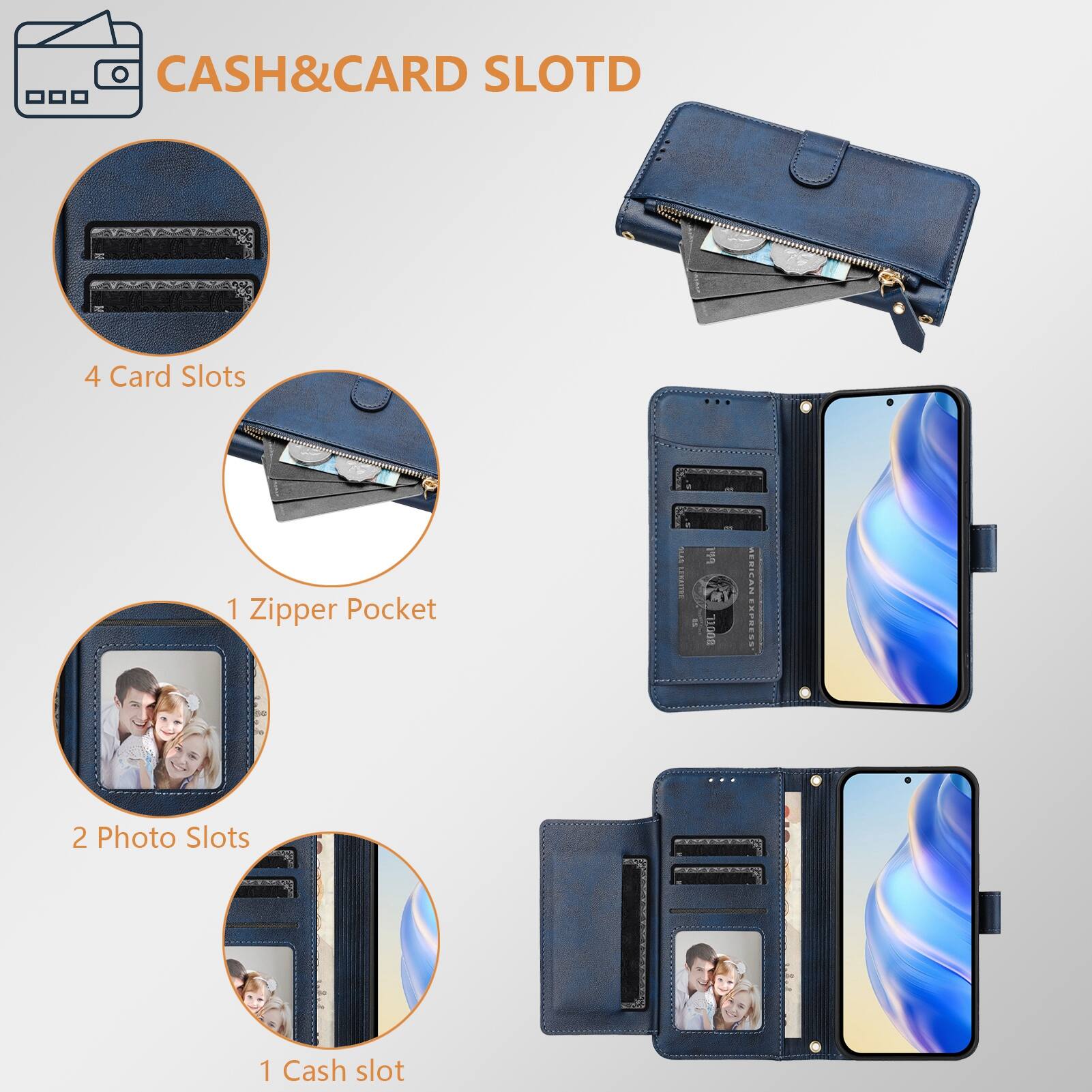 CASH&CARD SLOTD

4 Card Slots
1 Zipper Pocket
2019 LEWAITER
AASI BOOIL
MERICAN EXPRESS
2 Photo Slots
1 Cash slot