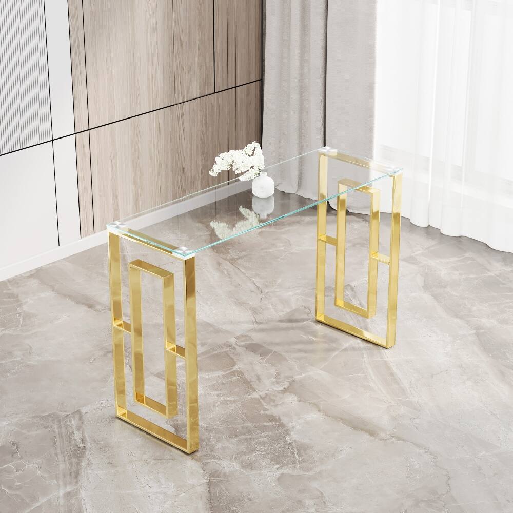 Left. Loheer - Loheer Golden Clear Glass Console Table Stainless Steel Entryway Table Meal Side Table - Golden Clear.