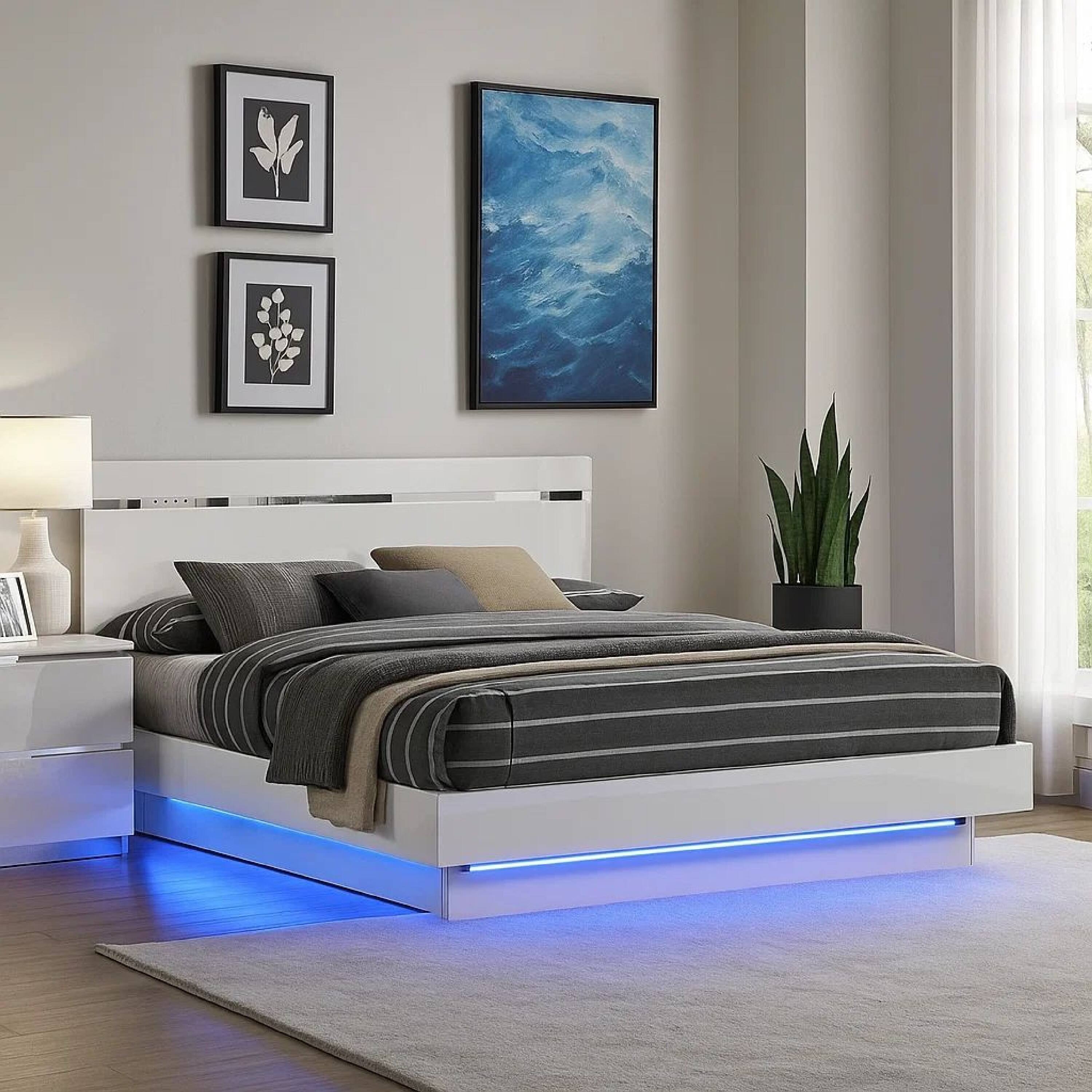 Alt View 5. Manhattan Lane - Pero King Size Bed w Silver Trimmed Headboard, LED Footboard - White, Chrome Silver.
