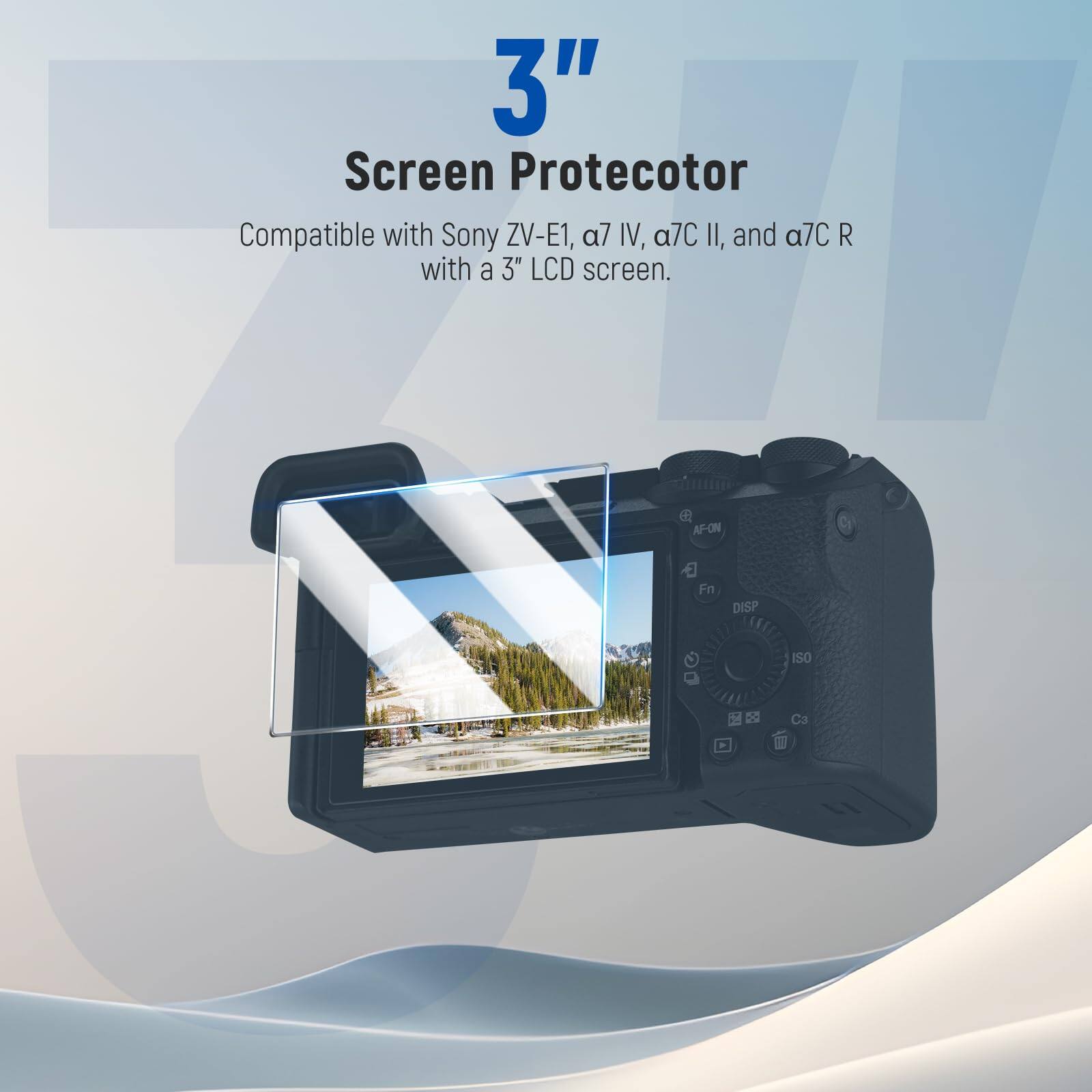 3" Screen Protector Compatible with Sony ZV-E1, a7 IV, a7C II, and a7C R with a 3" LCD screen. AF-ON Fn DISP ISO 2 3 11