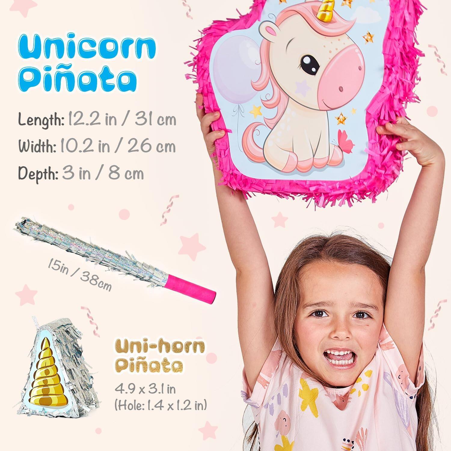 Unicorn Piñata

Length: 12.2 in / 31 cm  
Width: 10.2 in / 26 cm  
Depth: 3 in / 8 cm  

15 in / 38 cm  

uni-horn Piñata  
4.9 x 3.1 in  
(Hole: 1.4 x 1.2 in)