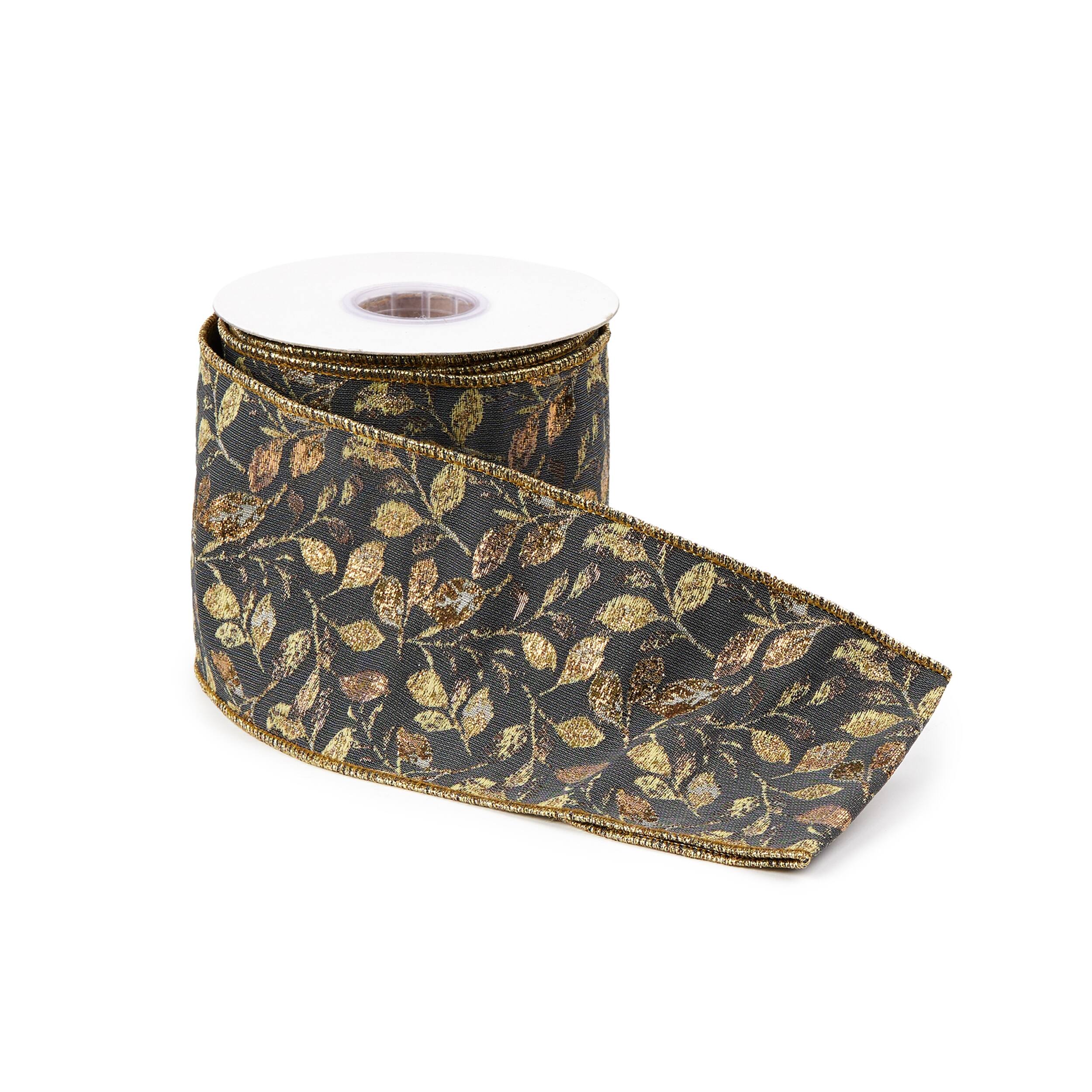 Left. BreeBe - Grey and Gold Leaf Print Wired Ribbon 4" x 5yds - Gold, Grey.