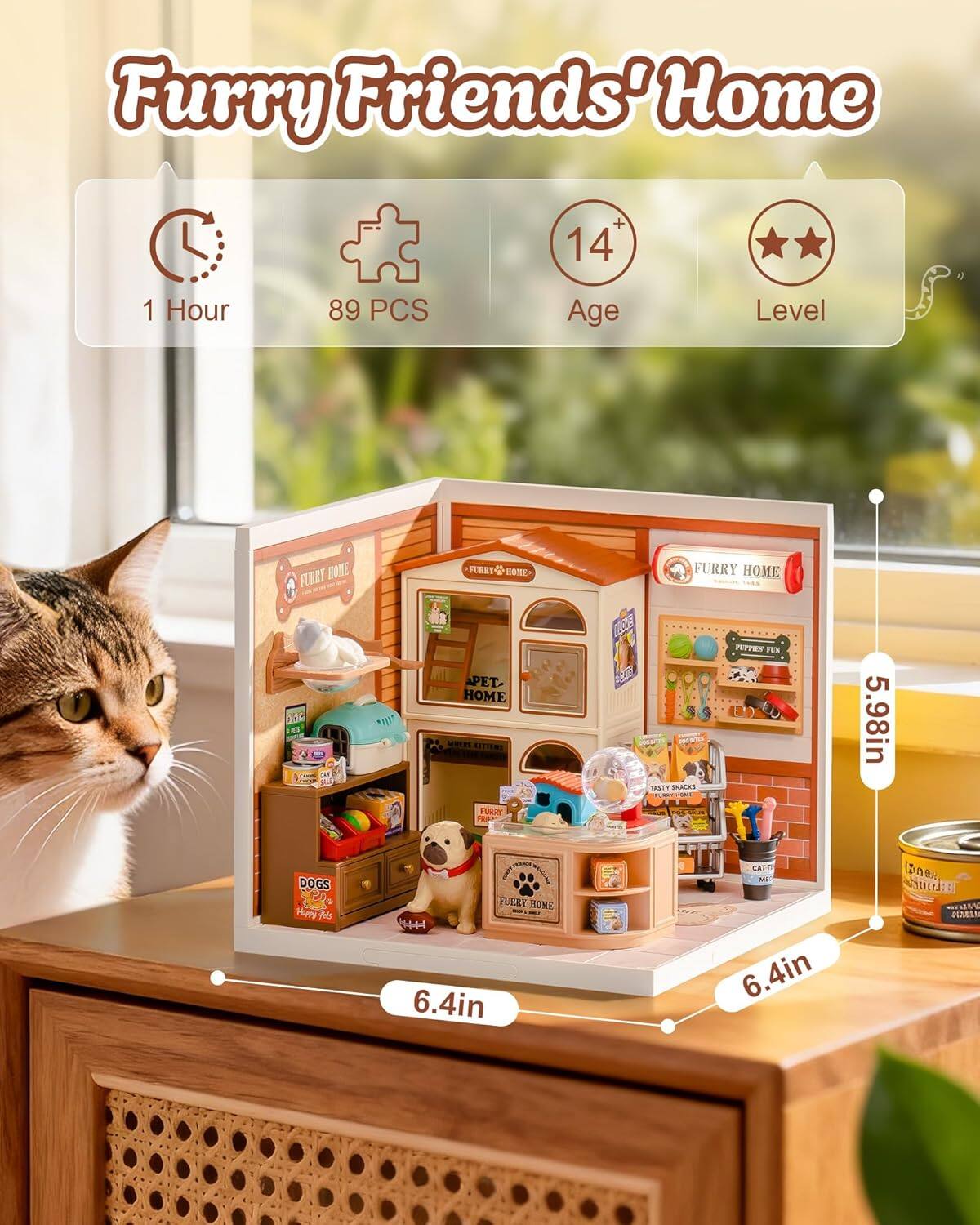 Furry Friends' Home  
1 Hour  
89 PCS  
14+ Age Level  
FURRY HOME  
960 PET HOME SET  
5.98in  
6.4in  
DOGS  
6.4in  
CAT