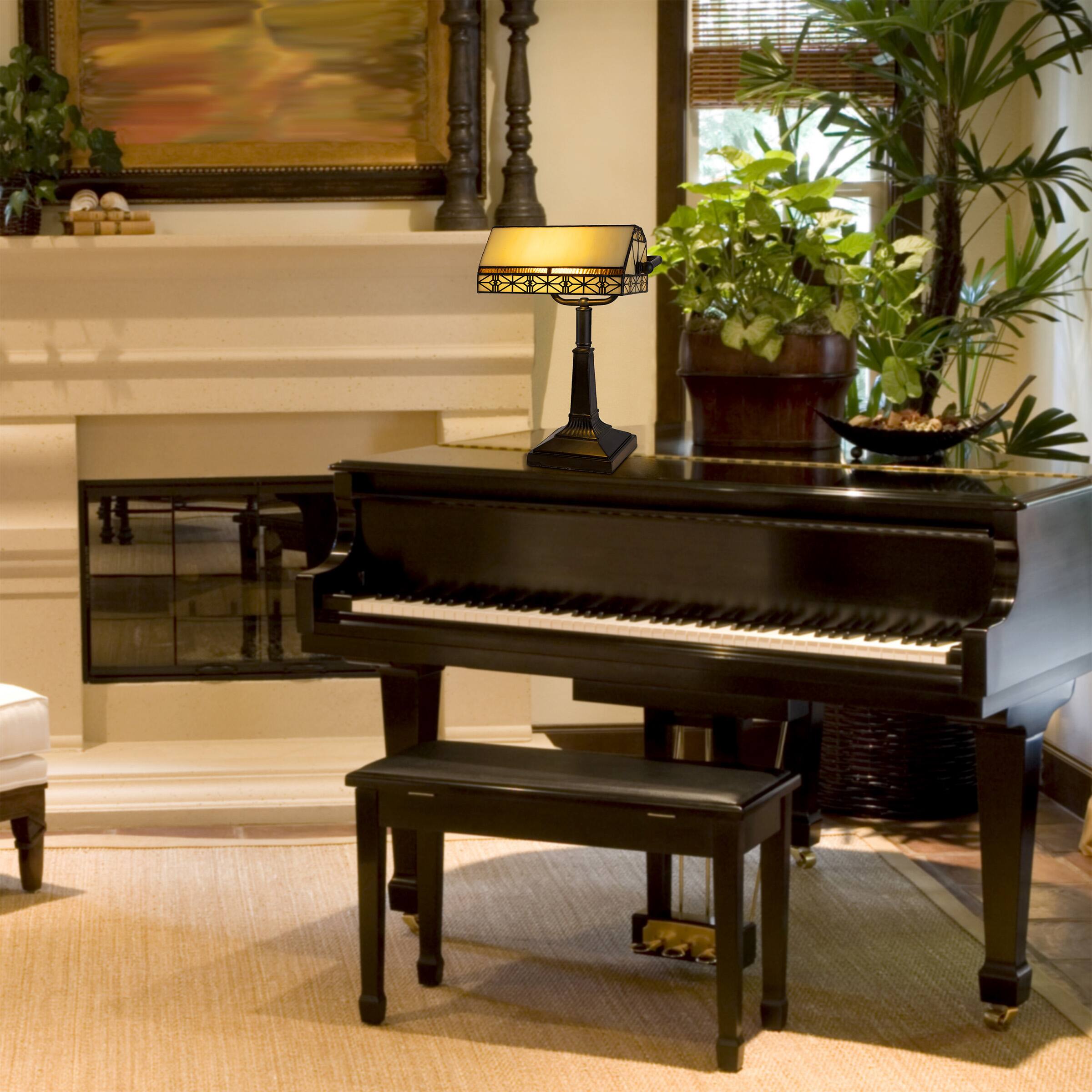 Alt View 4. Lavish Home - Tiffany-Style Glass LED Bankers Lamp - Black Base with Dark Brown and Off-White Shade.