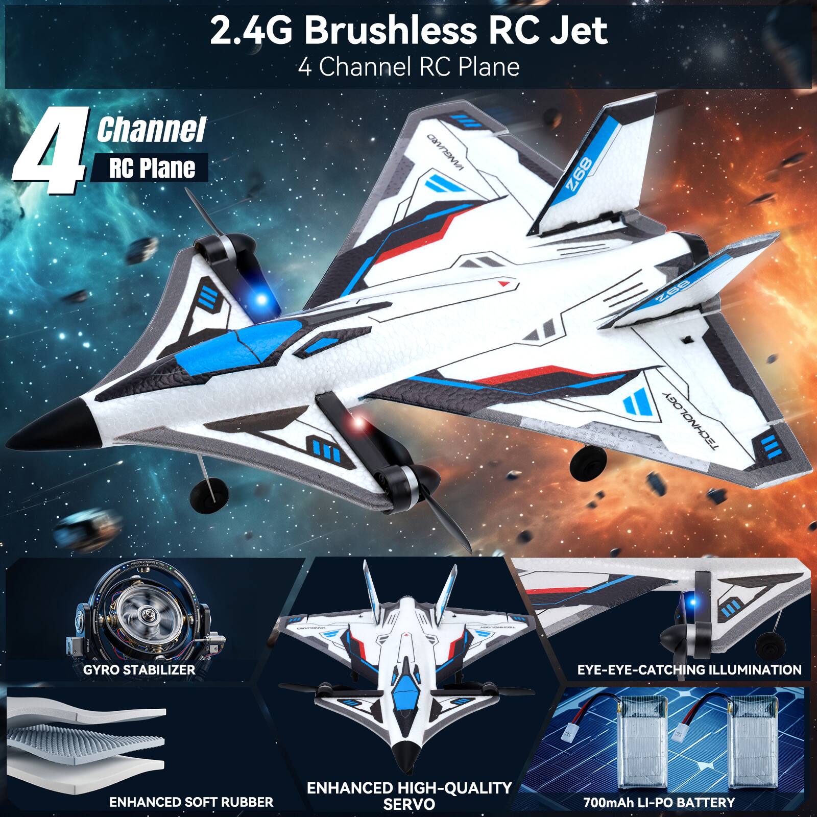 2.4G Brushless RC Jet  
4 Channel RC Plane  
VANGUARD Z68  

Z68 TECHNOLOGY  
III  
GYRO STABILIZER  
EYE-EYE-CATCHING ILLUMINATION  

ENHANCED HIGH-QUALITY ENHANCED SOFT RUBBER SERVO  
700mAh LI-PO BATTERY