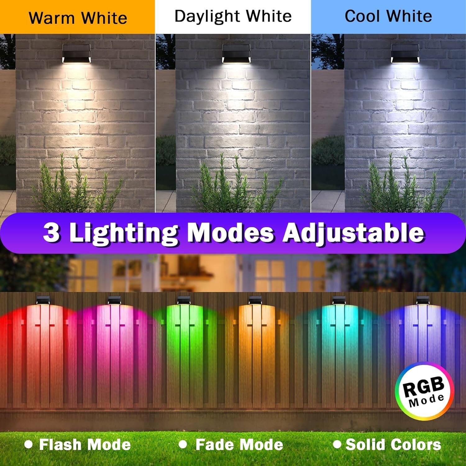 Warm White  
Daylight White  
Cool White  

3 Lighting Modes Adjustable  

RGB Mode  

Flash Mode  
Fade Mode  
Solid Colors