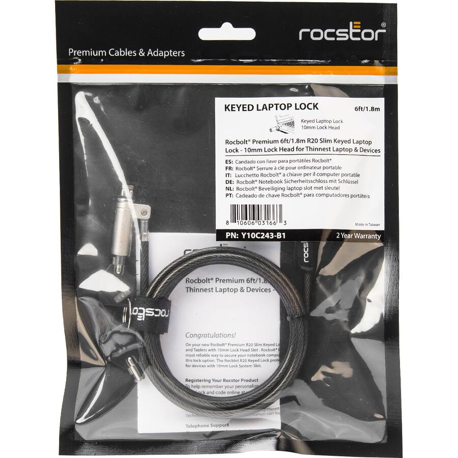 **Premium Cables & Adapters**

**KEYED LAPTOP LOCK**  
6ft/1.8m

**Rocstor Premium 6ft/1.8m R20 Slim Keyed Laptop Lock - 10mm Lock Head for Thinnest Laptop & Devices**

- ES: Candado con llave para portátiles Rocstor®
- FR: Rocstor® Serrure à clé pour ordinateur portable
- IT: Lucchetto Rocstor® a chiave per computer portatile
- DE: Rocstor® Notebook-Sicherheitsschloss mit Schlüssel
- NL: Rocstor® Beveiliging laptop slot met sleutel
- PT: Cadeado de chave Rocstor® para computadores portáteis

**PN: Y10C243-B1**

**2 Year Warranty**

**Rocstor® Premium 6ft/1.8m R20 Slim Keyed Laptop Lock - 10mm Lock Head for Thinnest Laptop & Devices**

**Congratulations!**  
On your new Rocstor® - the most reliable way to secure your notebook computer. This lock option is for devices with 10mm Lock System Slot