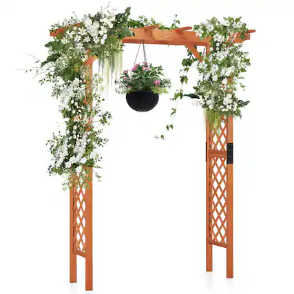 Front. Costway - Arbor Over 7FT High Wooden Garden Arch Trellis Pergola Outdoor Patio Plant - Yellow.