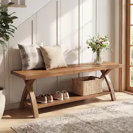 Tribesigns - 47.24” Solid Wood Entryway Bench with Shoe Storage, 2-Tier Rustic Indoor Bench for Entryway, Bedroom, Foyer, Hallway - Brown