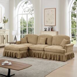Anysun - Mid-Century L-Shape Chenille Sectional with Ottoman - Flared Arms, Ruffled Skirt & Spindle Legs - Coffee