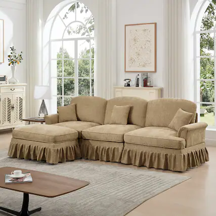 Front. Anysun - Mid-Century L-Shape Chenille Sectional with Ottoman - Flared Arms, Ruffled Skirt & Spindle Legs - Coffee.