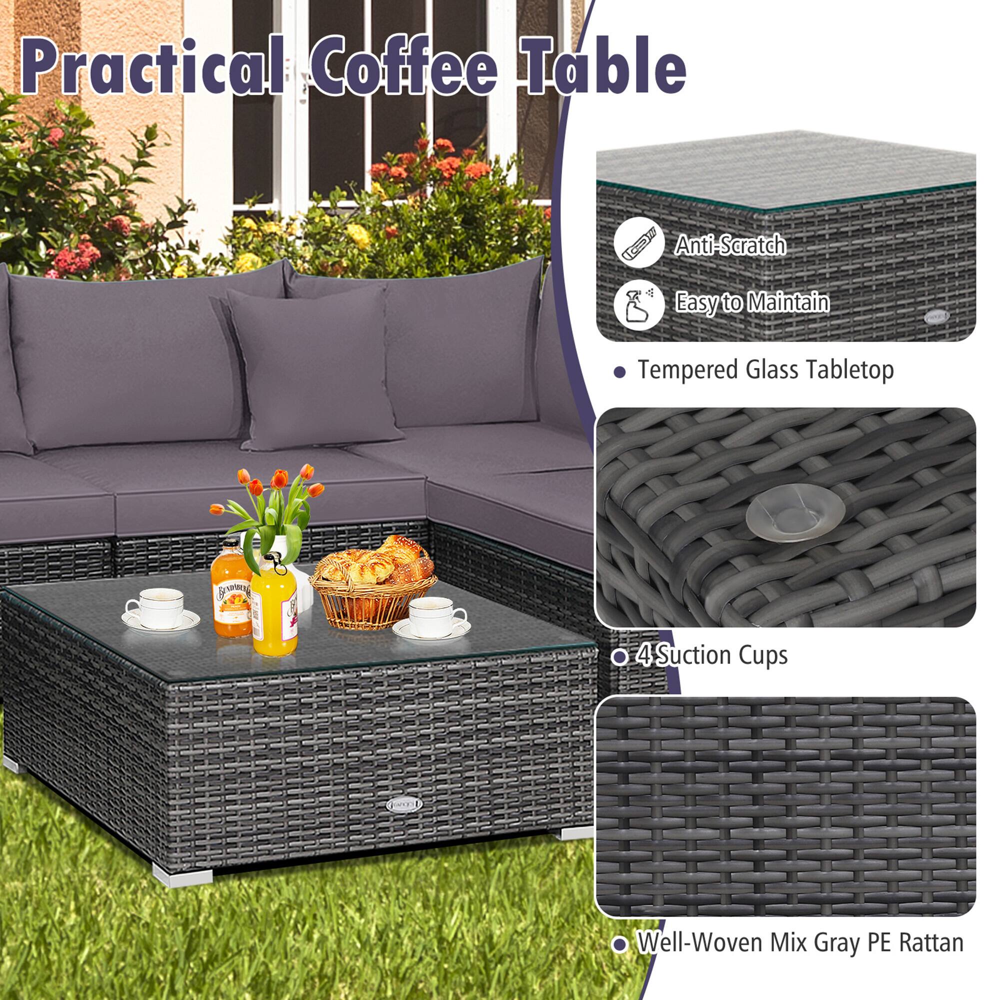 Practical Coffee Table

- Anti-Scratch
- Easy to Maintain
- Tempered Glass Tabletop
- 4 Suction Cups
- Well-Woven Mix Gray PE Rattan
