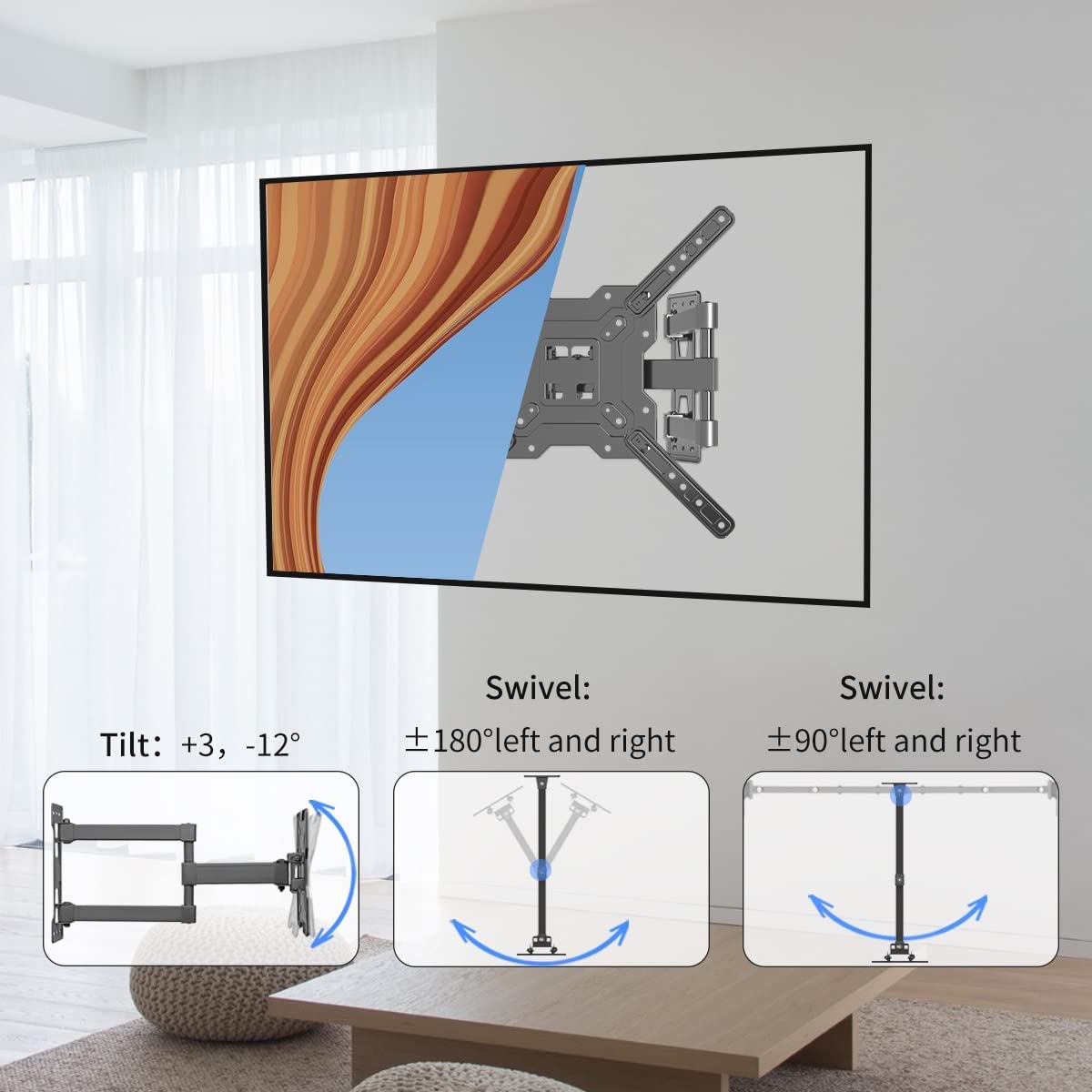 Tilt: +3, -12°  
Swivel: ±180° left and right  
Swivel: ±90° left and right
