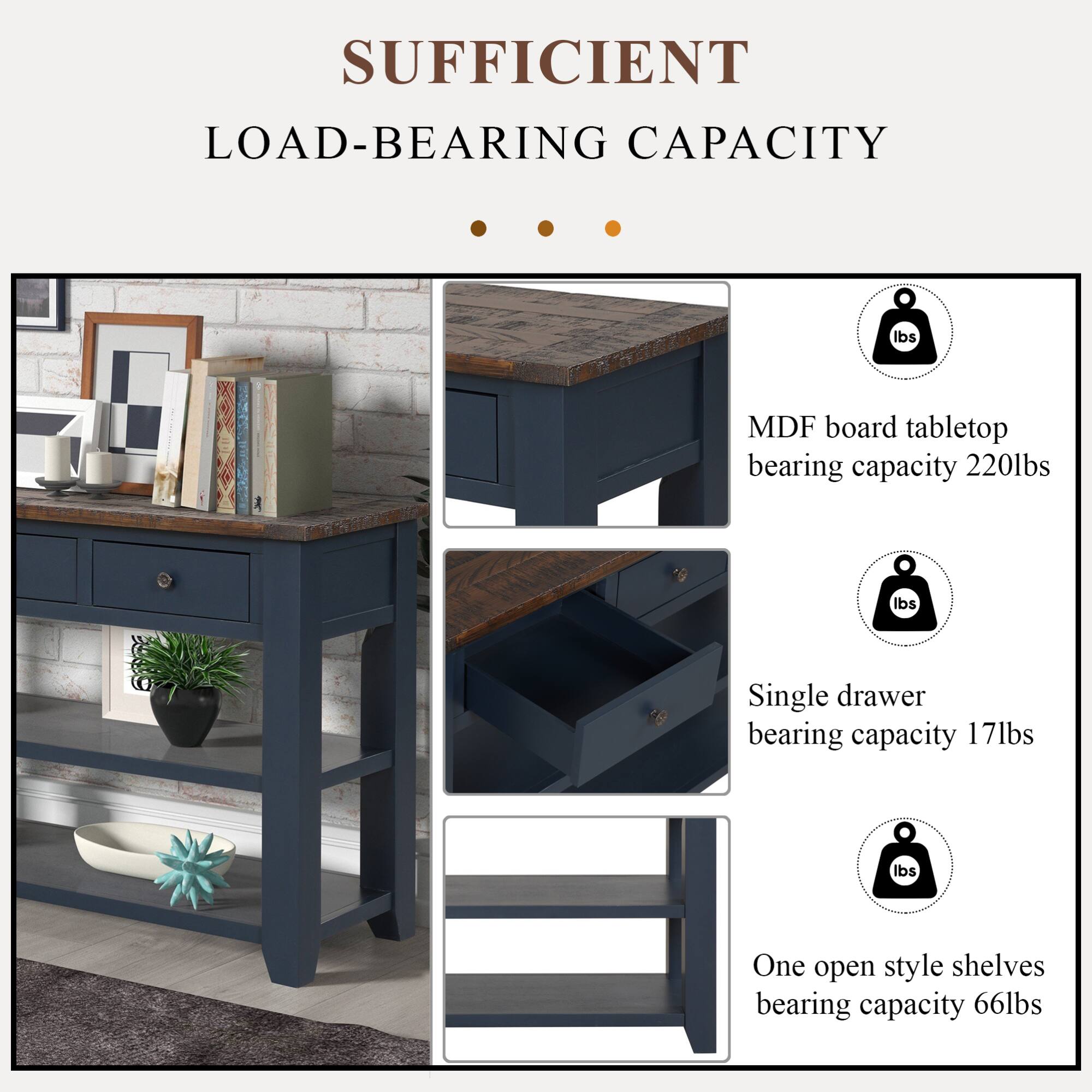 SUFFICIENT LOAD-BEARING CAPACITY

- MDF board tabletop bearing capacity 220lbs
- Single drawer bearing capacity 17lbs
- One open style shelves bearing capacity 66lbs
