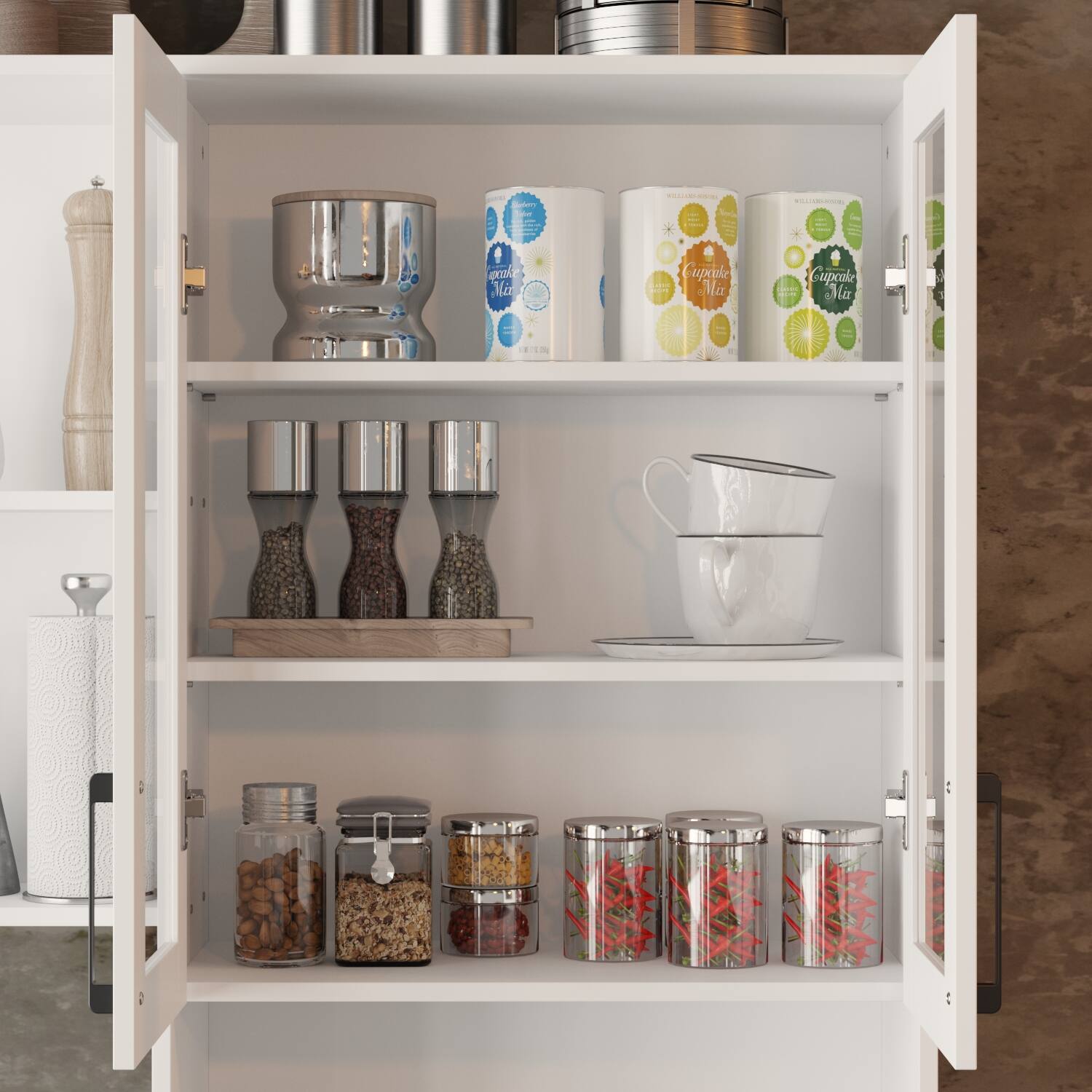 The image shows a white shelf with various items on it, including a cup and a spoon. The cup is placed on the left side of the shelf, while the spoon is located on the right side. There are also several canisters and a bowl on the shelf. The canisters are arranged in a row, with one in the middle, one on the left, and one on the right. The bowl is placed near the center of the shelf. The shelf is filled with various kitchen utensils and containers, making it a functional and organized storage space.