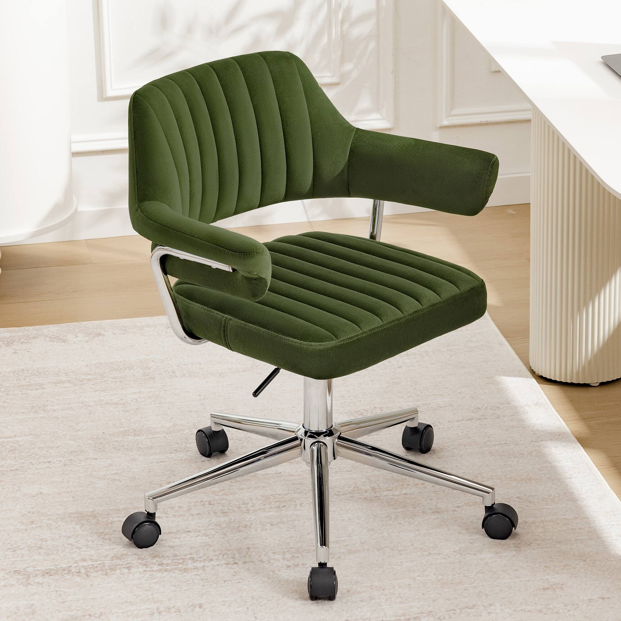 Alt View 8. KERDOM - Rolling Mid Back Computer Chair, Swivel Makeup Chair with Arms, Adjustable Height Modern Style Velvet Home Office Chair - Green-1PC.