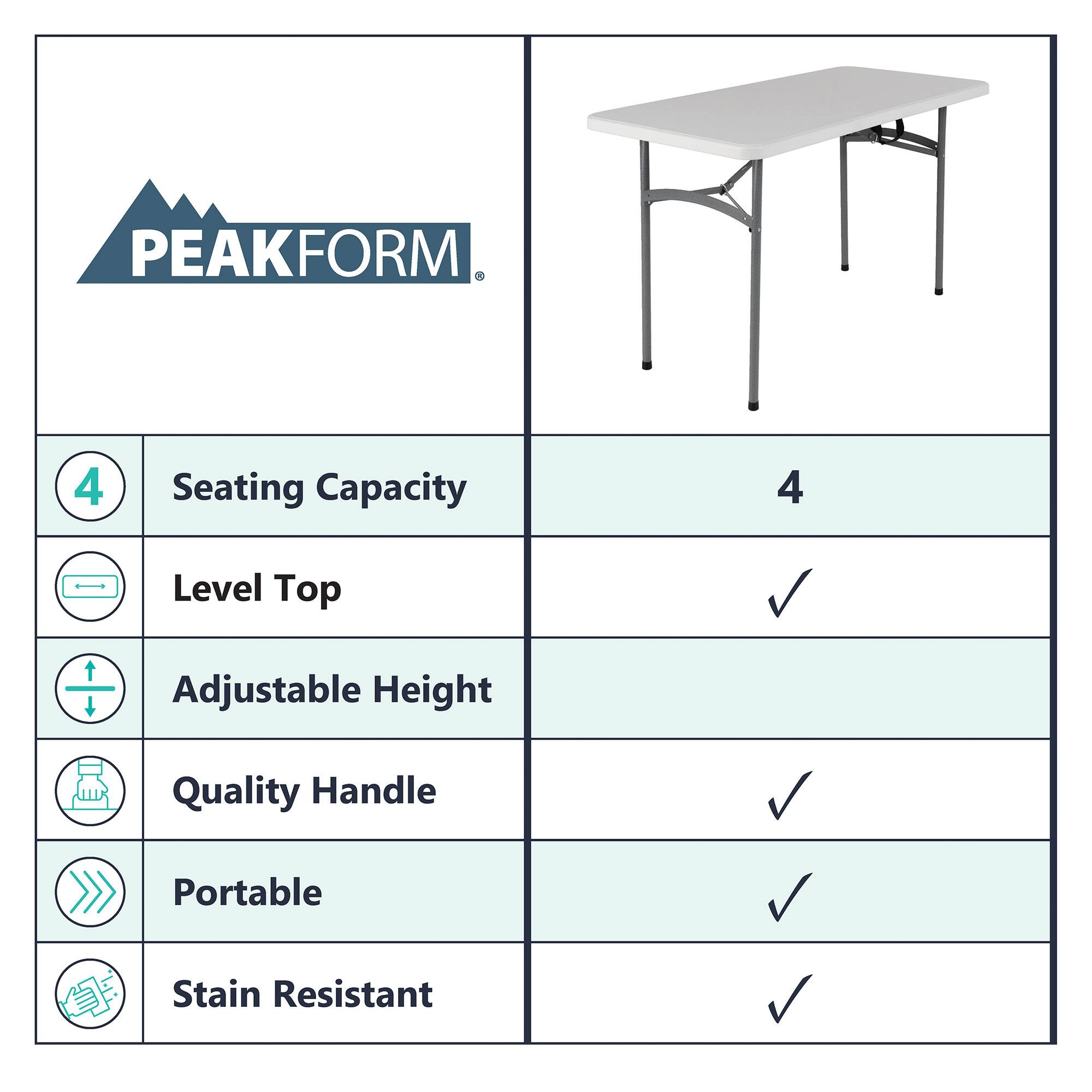 PEAKFORM

- Seating Capacity: 4
- Level Top: ✓
- Adjustable Height: ✓
- Quality Handle: ✓
- Portable: ✓
- Stain Resistant: ✓
