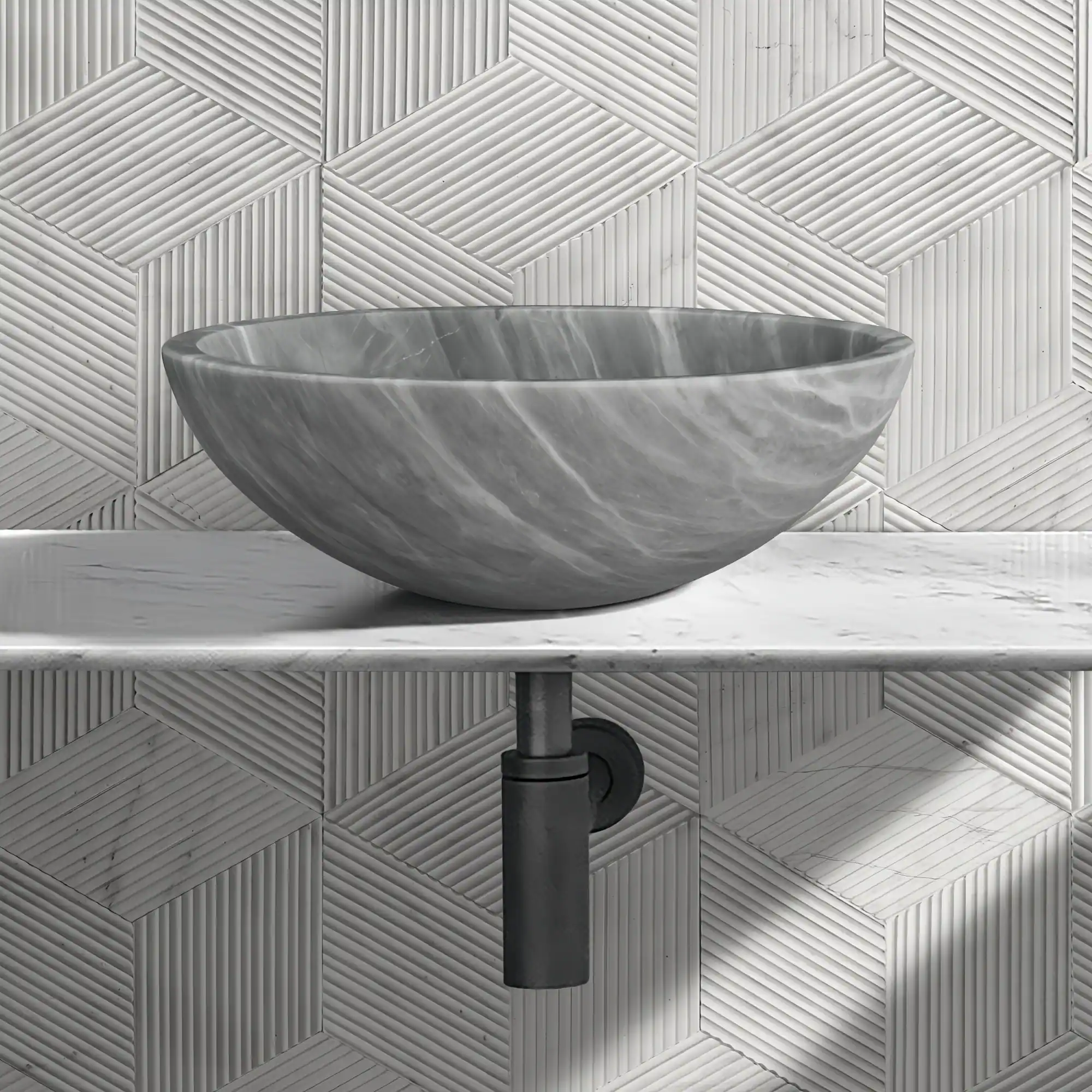 Front. ELEMENT ACE - Natural Marble Bathroom Vessel Sink with Semi-Polished Surface, Circular Design for Countertop Installation - Gray.