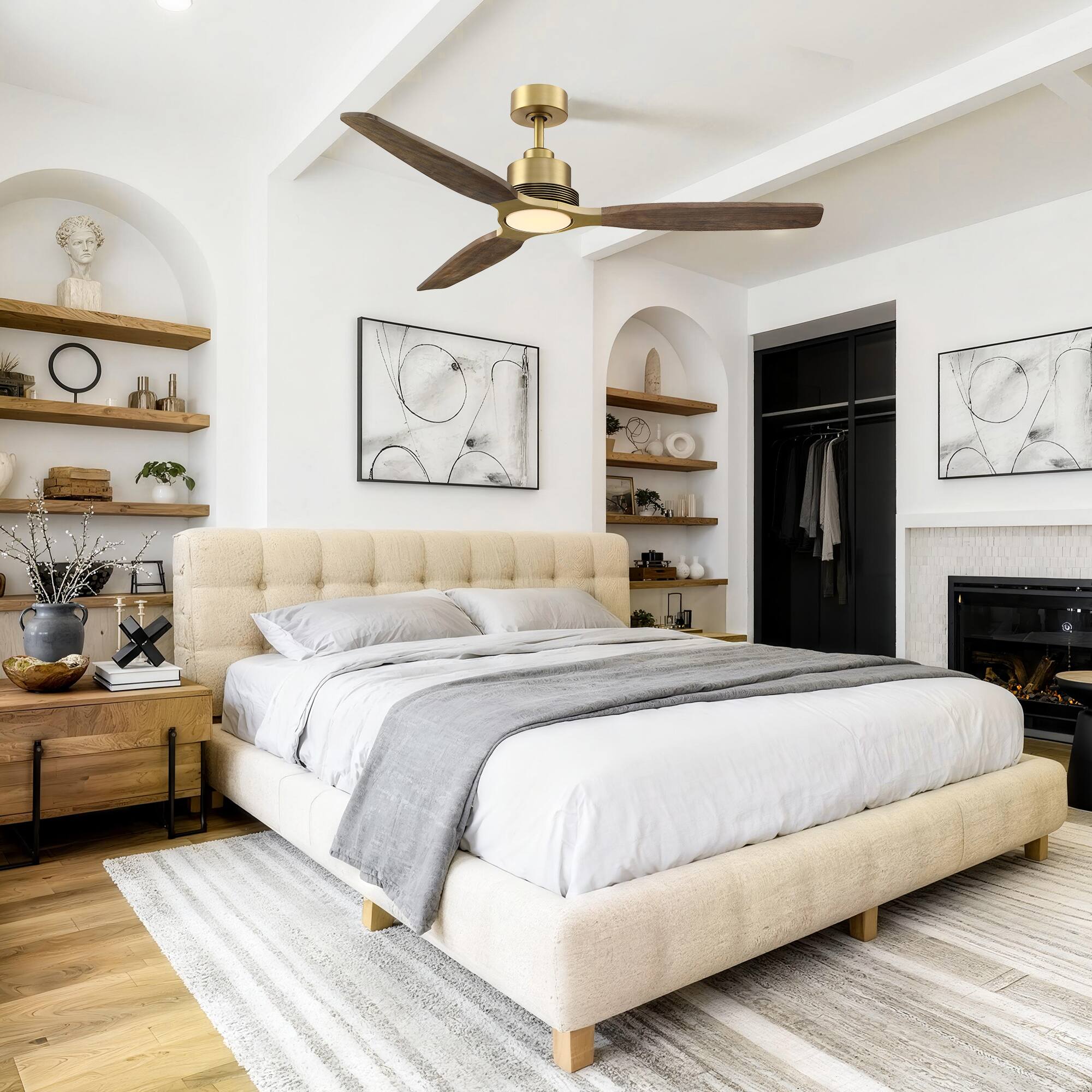 Back. Parrot Uncle - 56" Modern Solid Wood Diammable LED Ceiling Fan with Remote and Light - Gold.