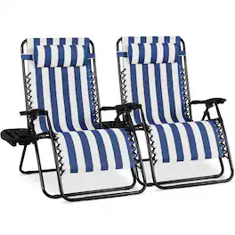 Best Choice Products - Set of 2 Extra Wide Zero Gravity Lounge Chair Recliners w/ Cup Holder - Mediterranean Blue Stripes