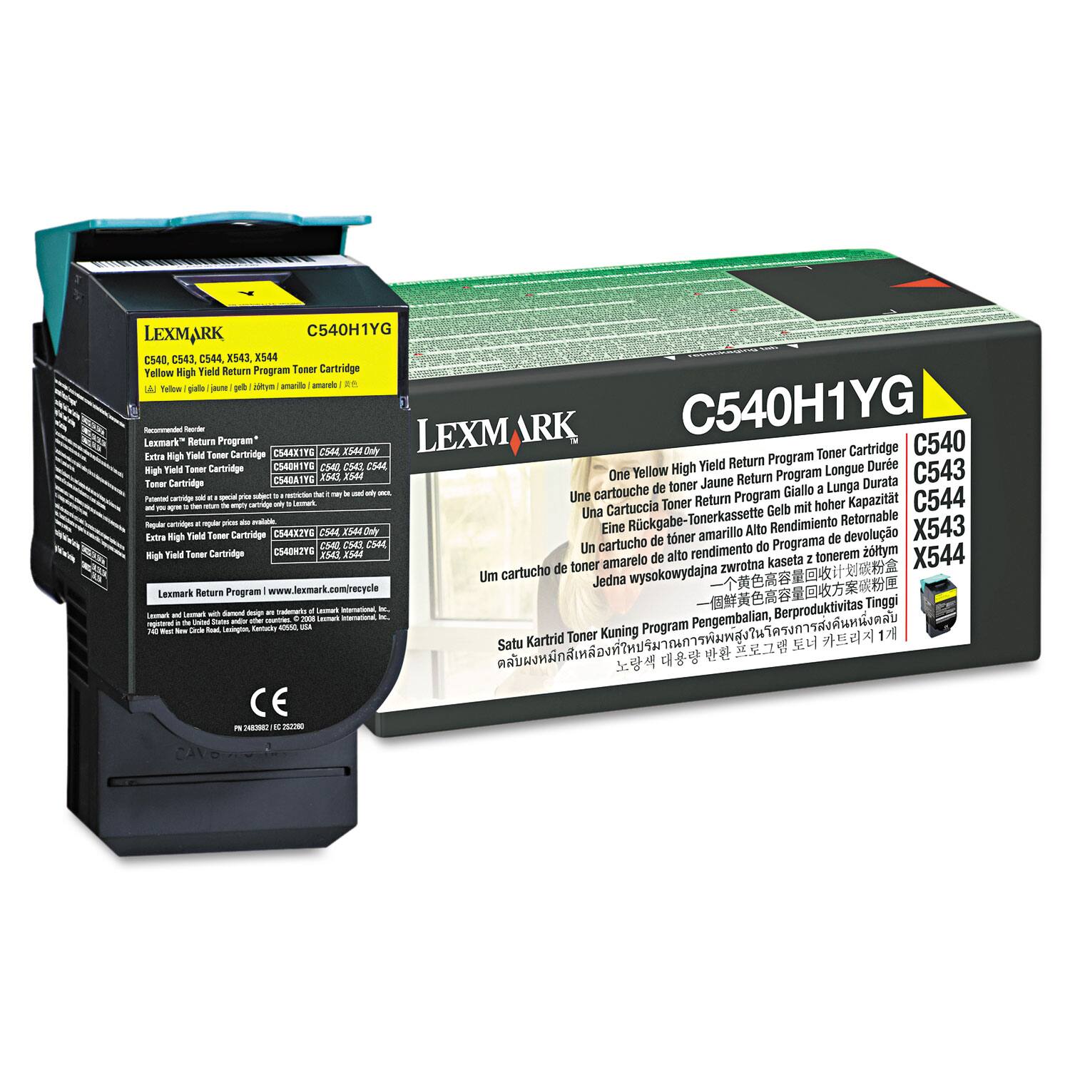 LEXMARK C540H1YG C540 C543 C544 X543 X544 Yellow High Yield Return Program Toner Cartridge

LEXMARK C540H1YG
C540, C543, C544, X543, X544
Yellow High Yield Return Program Toner Cartridge

Recommended for use with:
- Extra High Yield Return Program Cartridge
- High Yield Toner Cartridge
- Extra High Yield Toner Cartridge

Lexmark Return Program
www.lexmark.com/recycle

C540H1YG
C540, C543, C544, X543, X544

Lexmark Return Program
www.lexmark.com/recycle

C540H1YG
C540, C543, C544, X543, X544

Lexmark Return Program
www.lexmark.com/recycle

Lexmark and Lexmark Return Program are trademarks of Lexmark International, Inc.

Lexmark Return Program
www.lexmark.com/recycle

CE

C540H1YG
C