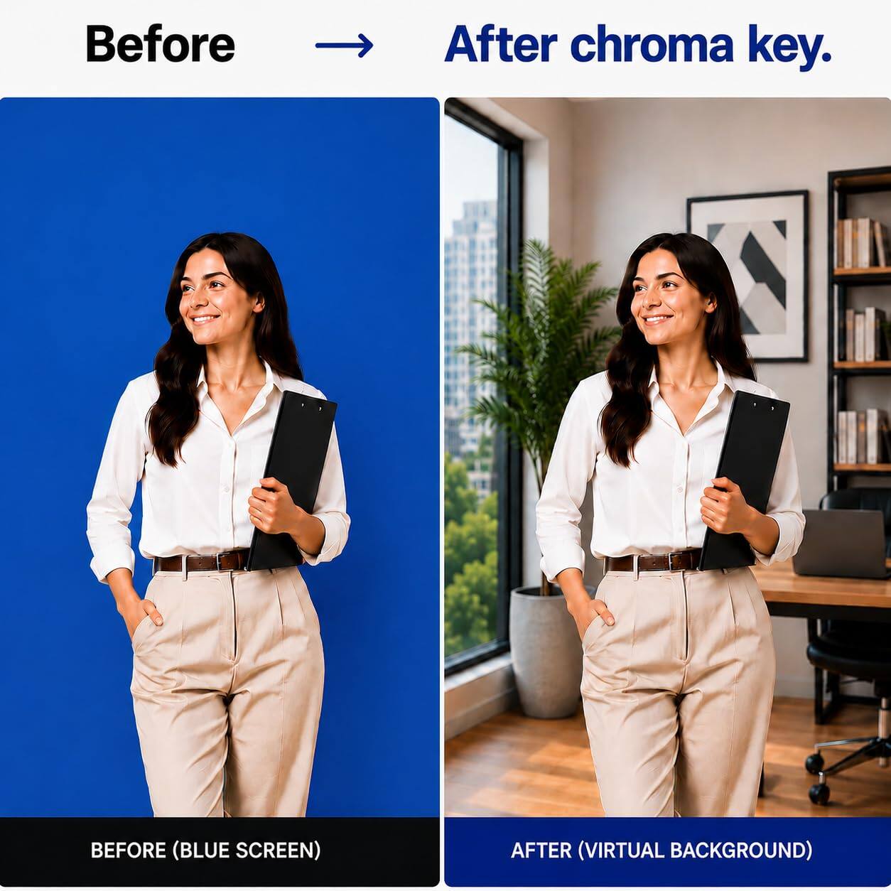 Before  
After chroma key.  

BEFORE (BLUE SCREEN)  
AFTER (VIRTUAL BACKGROUND)