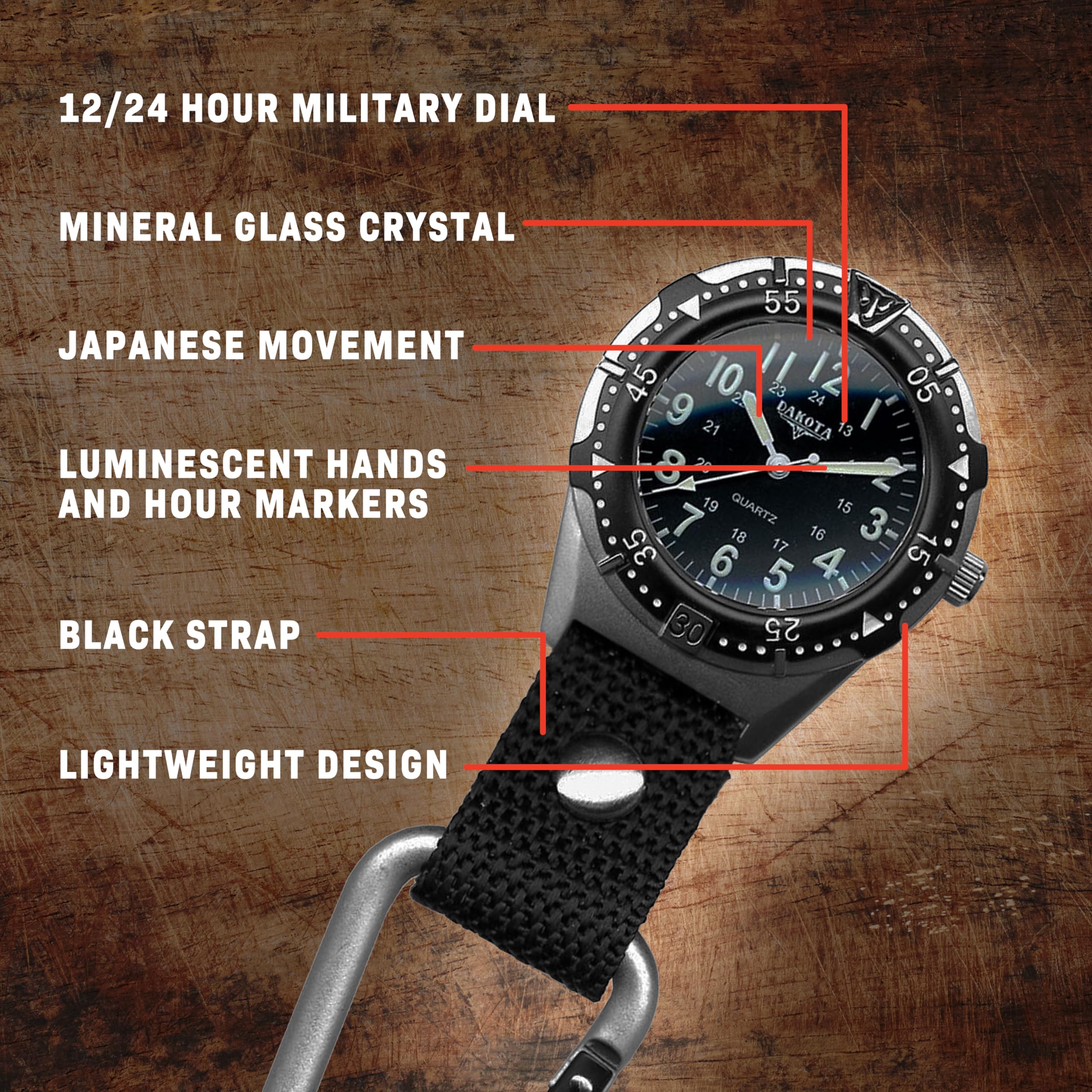 12/24 HOUR MILITARY DIAL  
MINERAL GLASS CRYSTAL  
JAPANESE MOVEMENT  
LUMINESCENT HANDS AND HOUR MARKERS  
BLACK STRAP  
LIGHTWEIGHT DESIGN