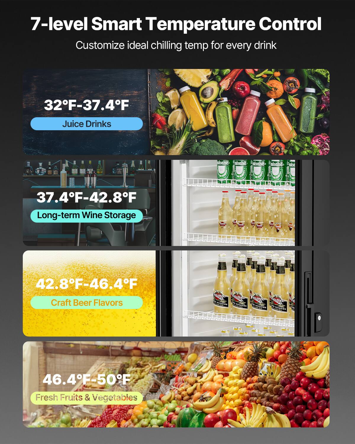 7-level Smart Temperature Control
Customize ideal chilling temp for every drink
32F-37.4F Juice Drinks
37.4F-42.8F Long-term Wine Storage
42.8F-46.4F Craft Beer Flavors
46.4F-50F Fresh Fruits & Vegetables