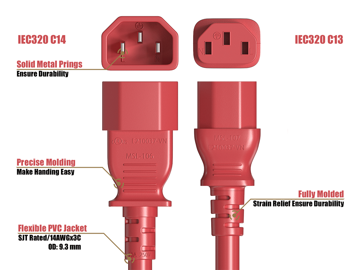 IEC320 C14  
IEC320 C13  
Solid Metal Prongs Ensure Durability  
Precise Molding Make Handling Easy  
eDus E210037-VN MSI-106  
MSL-107 E210037-VN  
Fully Molded Strain Relief Ensure Durability  
Flexible PVC Jacket  
SJT Rated/14AWGx3C  
OD: 9.3 mm  
250V