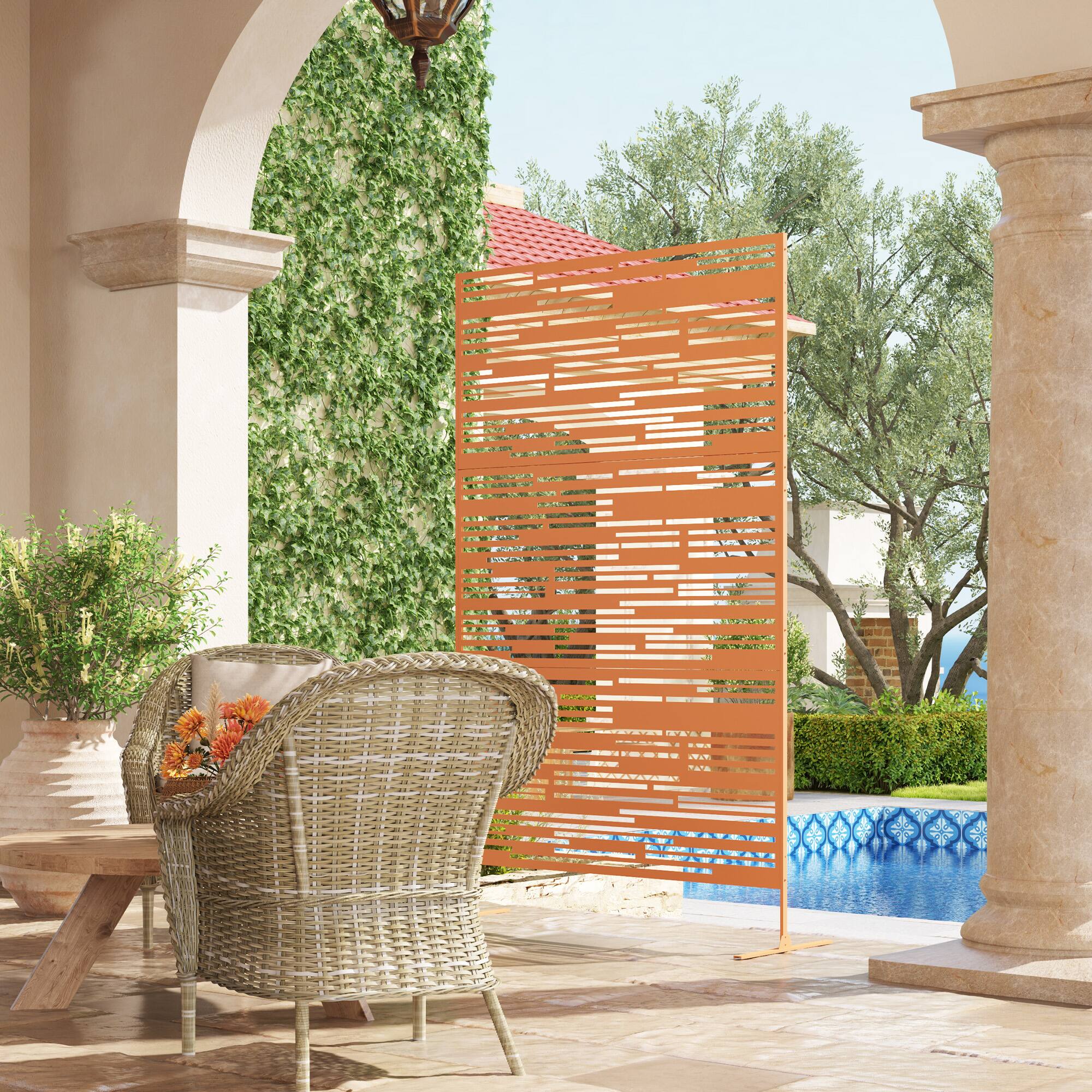 Alt View 7. Outsunny - Metal Outdoor Privacy Screen, 78" H x 48" W Decorative Privacy Fence Screen, Freestanding Outdoor Divider with Stand - Brown/Barcode.