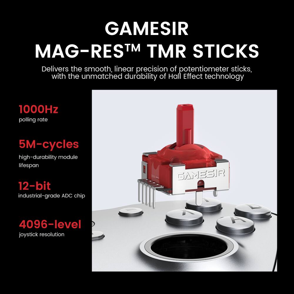 GAMESIR MAG-RES™ TMR STICKS

Delivers the smooth, linear precision of potentiometer sticks, with the unmatched durability of Hall Effect technology

- 1000Hz polling rate
- 5M-cycles high-durability module lifespan
- 12-bit industrial-grade ADC chip
- 4096-level joystick resolution