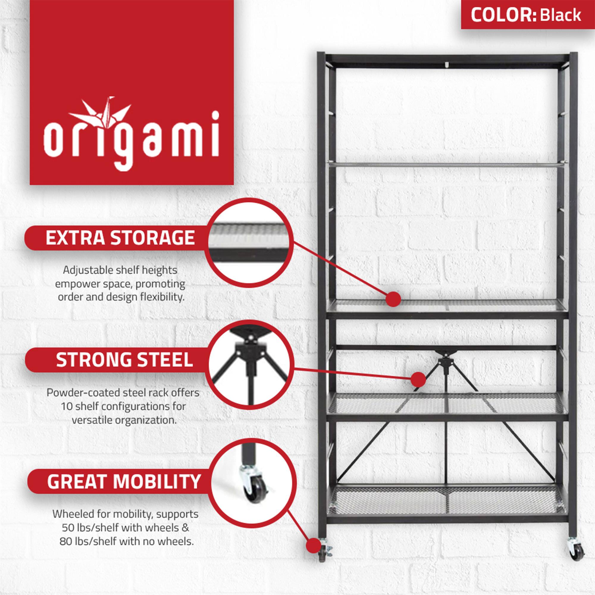 **COLOR:** Black

**EXTRA STORAGE**  
Adjustable shelf heights empower space, promoting order and design flexibility.

**STRONG STEEL**  
Powder-coated steel rack offers 10 shelf configurations for versatile organization.

**GREAT MOBILITY**  
Wheeled for mobility, supports 50 lbs/shelf with wheels & 80 lbs/shelf with no wheels.
