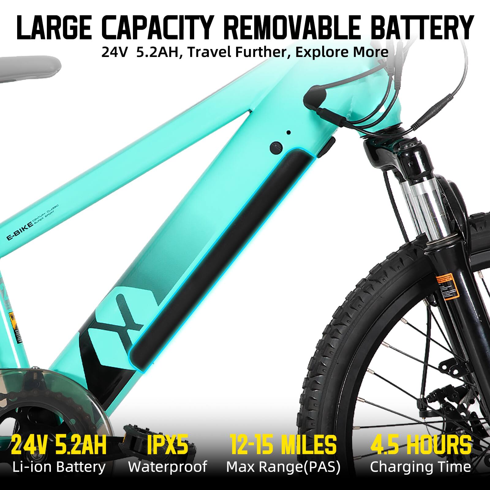 LARGE CAPACITY REMOVABLE BATTERY  
24V 5.2AH, Travel Further, Explore More  

E-BIKE USU 24V 5.2AH IPX5  
12-15 MILES  
4.5 HOURS  
Li-ion Battery Waterproof  
Max Range(PAS)  
Charging Time