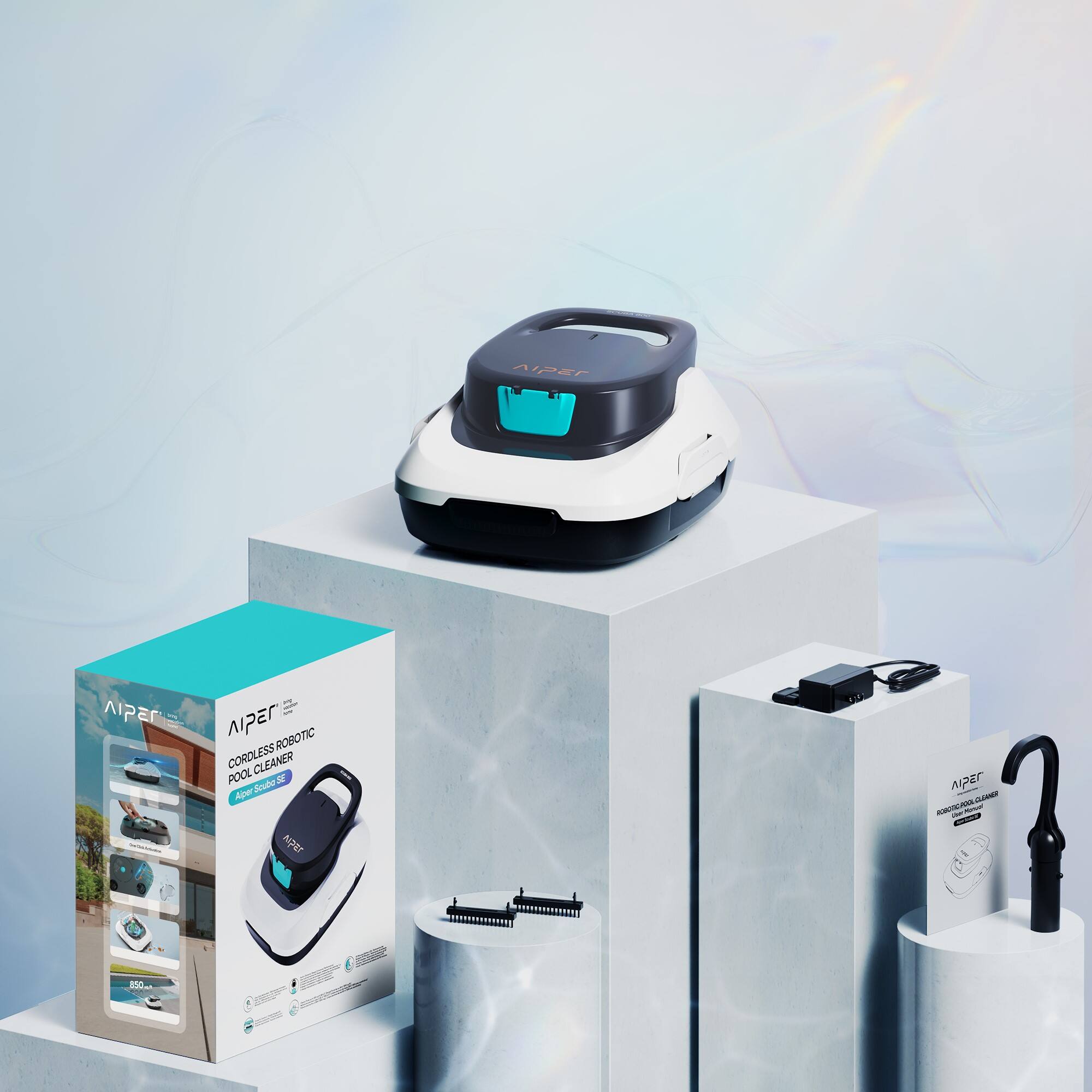 The image features a robotic pool cleaner, which is a product from the company Apex. The pool cleaner is displayed on a pedestal, along with a box that contains the product. The box has a blue color, and the pool cleaner is placed on top of it. The product is designed to clean pools efficiently and effectively.