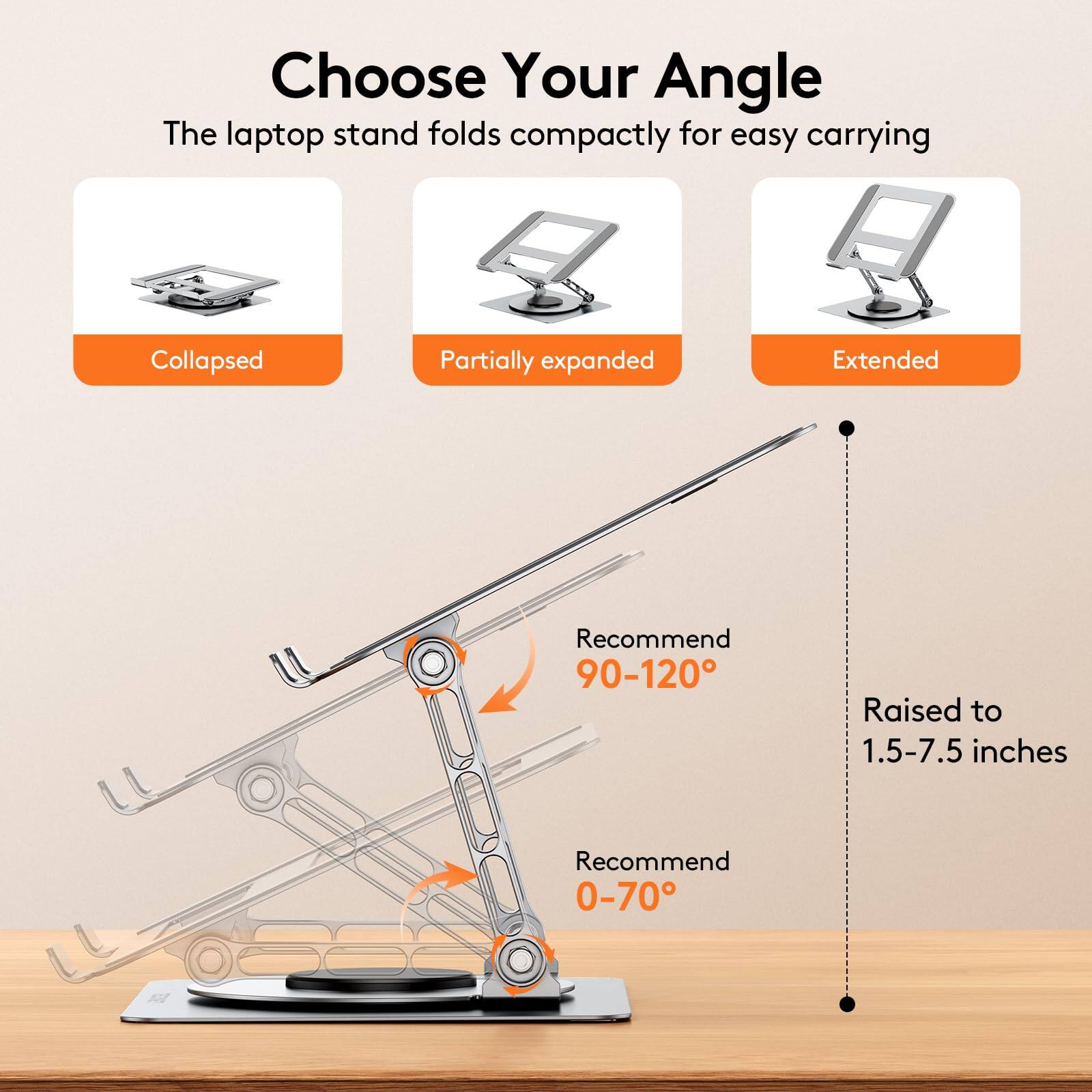 Choose Your Angle  
The laptop stand folds compactly for easy carrying  

Collapsed  
Partially expanded  
Extended  

Recommend 90-120°  
Raised to 1.5-7.5 inches  
Recommend 0-70°