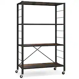 Costway - 1pc 4-Tier Foldable Storage Shelf Collapsible Shelving Unit Display w/ Lockable Wheels Storage Rack - Rustic Brown,Black