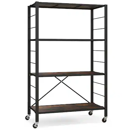 Front. Costway - Costway 1pc 4-Tier Foldable Storage Shelf Collapsible Shelving Unit Display w/ Lockable Wheels Storage Rack - Rustic Brown,Black.