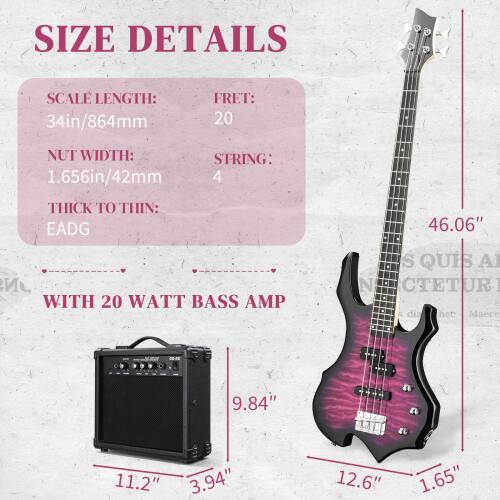 SIZE DETAILS

SCALE LENGTH: 34in/864mm  
FRET: 20  
NUT WIDTH: 1.656in/42mm  
STRING: 4  
THICK TO THIN: EADG  

WITH 20 WATT BASS AMP  
9.84"  
11.2" 3.94"  
12.6" 1.65"
