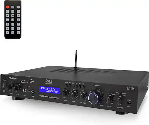 Sure, here is the corrected and grouped text from the image:
---
**Remote Control:**
- KCCE CH- CN EO HH b HI
- 0 1 2 3 4 5 6 7 8 9
- PDA7BU
- POWER I 0 A - a - - - ECHO MC VOL MNNE - - NNC PYLE MODE M
- PyleUSA.com
- ID3
- C) Me 3 VOLUME
- BLUETOOTH BT REMOTE CONNECTED
- AUX
- COIoVD MICS
- u3- MC2
- Amplifier Audio Receiver System
- a 5 -10 5
- BASS
- ALDIO IN TREBLE BALANCE MAX G HPUT MAX SW.VOL AUX SELECTOR
---
**Audio Receiver:**
- PDA7BU
- PYLE
- PyleUSA.com
- BLUETOOTH CONNECTED
- Amplifier Audio Receiver System
- BT
- VOLUME
- MODE
- ID3
- AUX
- CD/DVD
- TV
- AUDIO IN
- SW.VOL
- SELECTOR
- MAX
- MAX
- MAX