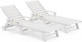 SERWALL - HDPE Outdoor Lounge Chair Set of 2 with Rolling Wheels & Cup Holder for Pool - White