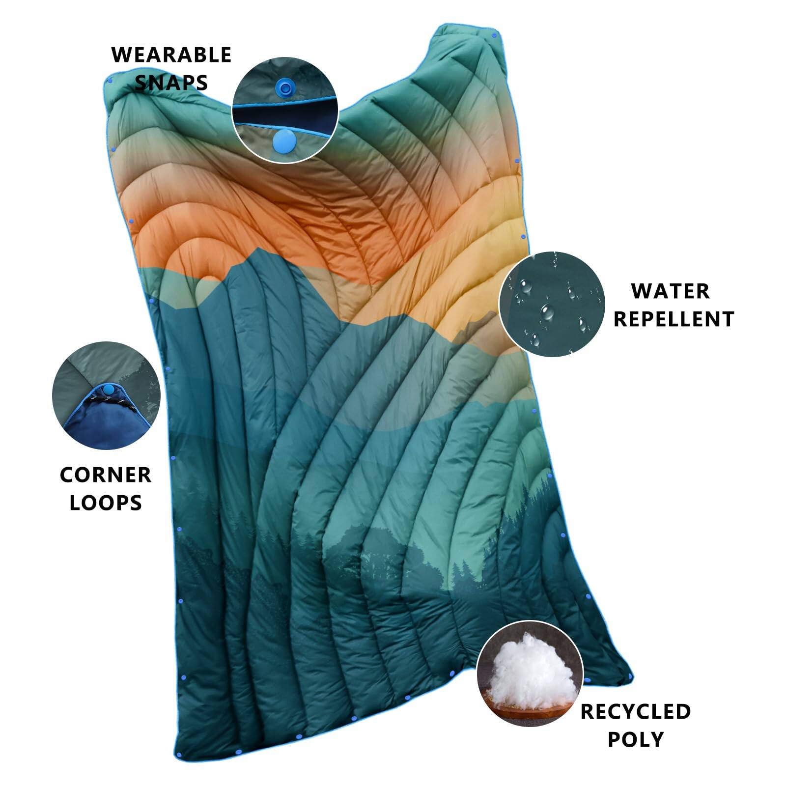 - Wearable Snaps
- Water Repellent
- Corner Loops
- Recycled Poly