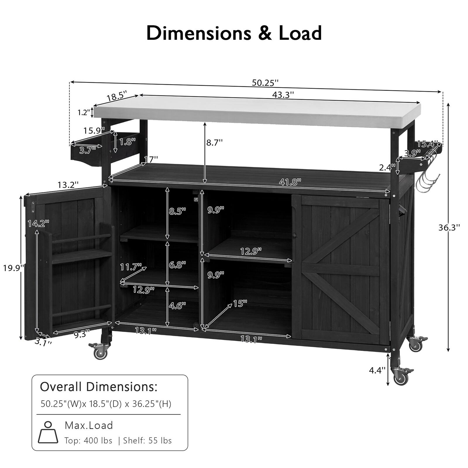 Dimensions & Load

1.2"  
18.5"  
50.25"  
43.3"  
15.9"  
3.700  
13.2"  
1.8"  
7"  
8.7"  
41.80"  
2.40"  
15.4%  
14.2"  
8.5%  
9.9%  
36.3"  
19.9"  
11.7%  
12.9%  
6.8%  
4.6"  
12.9"  
9.9%  
15"  
3.1"  
9.3"  
13.9"  
13.1"  

Overall Dimensions: 50.25"(W) x 18.5"(D) x 36.25"(H)  
Max. Load: Top: 400 lbs | Shelf: 55 lbs