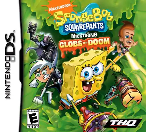 Sure, here is the corrected and grouped text from the image:
---
**Top Left:**
- TM DS NINTENDO
**Top Center:**
- NICKELODEON
- SpongeBob SQUAREPANTS
- Nicktoons
- GLOBS OF DOOM
**Bottom Left:**
- EVERYONE E
- ESRB
**Bottom Center:**
- THQ
**Bottom Right:**
- NINTENDO DS
--- - E (Everyone)
