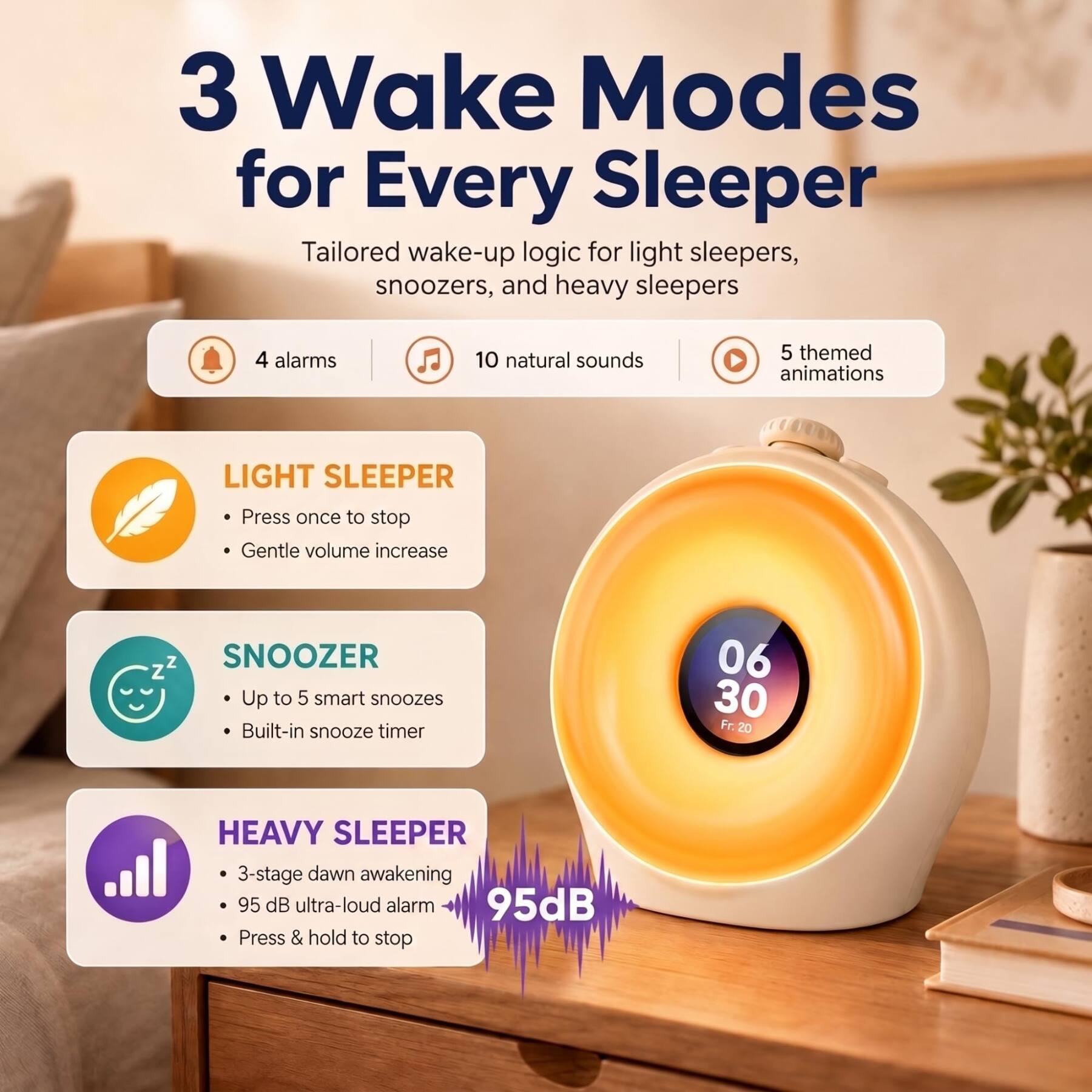 3 Wake Modes for Every Sleeper  
Tailored wake-up logic for light sleepers, snoozers, and heavy sleepers

4 alarms  
10 natural sounds  
5 themed animations

LIGHT SLEEPER  
- Press once to stop  
- Gentle volume increase

ZZZ SNOOZER  
- Up to 5 smart snoozes  
- Built-in snooze timer

HEAVY SLEEPER  
- 3-stage dawn awakening  
- 95 dB ultra-loud alarm  
- Press & hold to stop