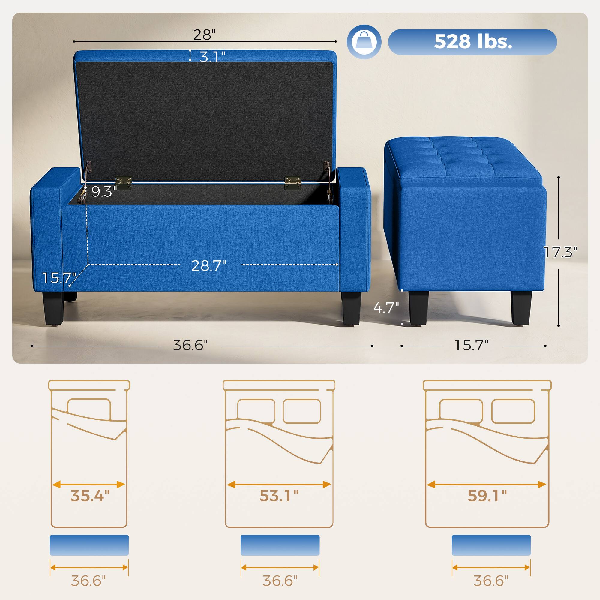 28" x 3.1" x 528 lbs.  
9.3" x 15.7" x 28.7" x 17.3" x 4.7" x 36.6" x 15.7" x 35.4" x 53.1" x 59.1" x 36.6" x 36.6" x 36.6"