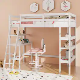 Gymax - Twin Size Solid Wood Loft Bed w/ Desk & Bookshelves Ladder & Guardrails - White