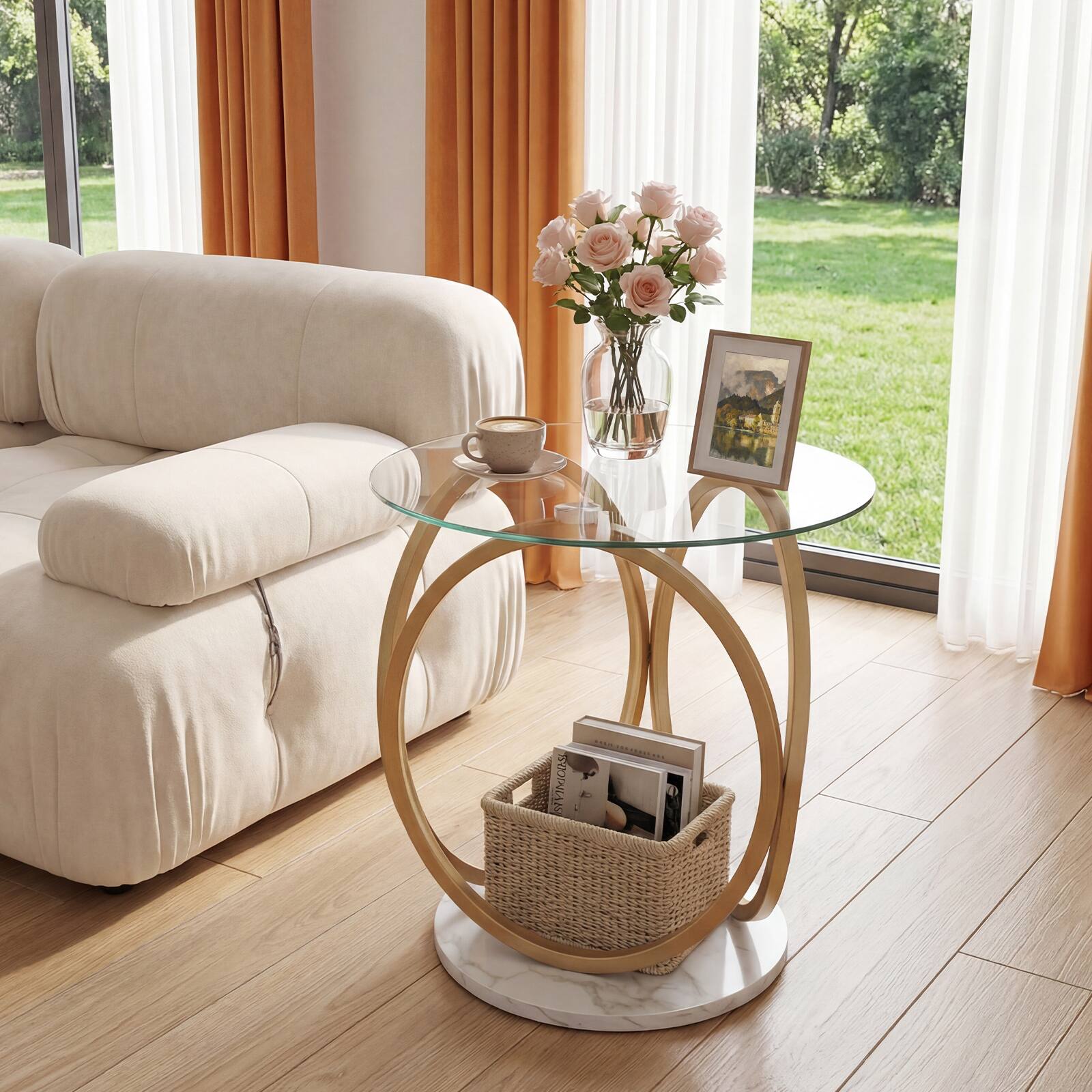 Alt View 3. Gymax - Gymax 2PCS Round End Table Faux Marble Side Table w/Tempered Glass Tabletop for Home - Gold.