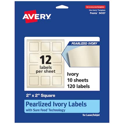 Go to avery.com/templates
AVERY
Use Avery Template Presta* 94107
PEARLIZED IVORY
12 labels per sheet
Ivory 10 sheets 120 labels
2" X 2" Square
Pearlized Ivory Labels with Sure Feed Technology for Laser/Inkjet